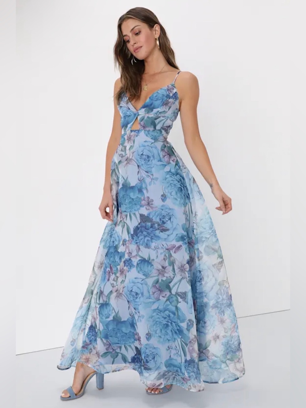 NWT Lulu's Enchanting Entrance Blue Floral Organza Keyhole Maxi Dress